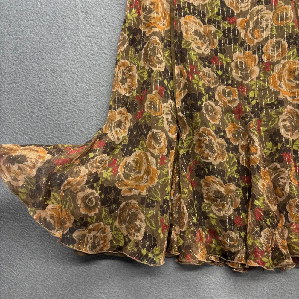Context Silk Blend Floral Metallic Stripe Flared Skirt Brown Fairycore Boho 12P - Picture 3 of 9